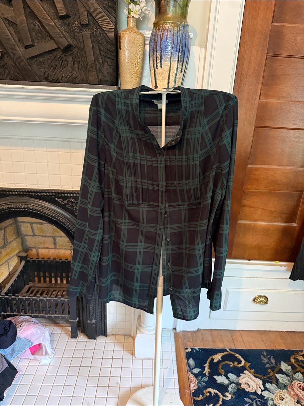 J. Crew Black and Dark Green Plaid Button-Up blouse- worn twice.